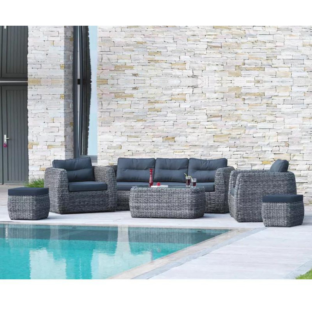 BAHAMAS Niedrige Designer-Gartenmöbel aus geflochtenem Kunstharz Paris Garden 7-Sitzer grau